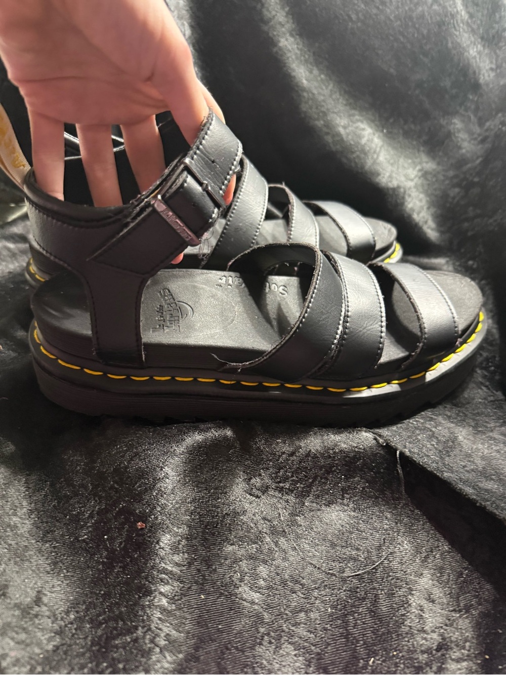 Dr. Martens Black Leather Strappy Platform Sandals with Yellow Stitching-W-11